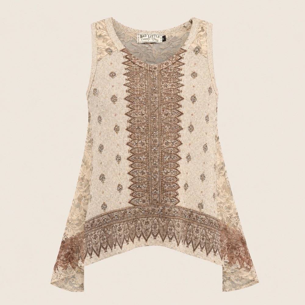 Rhinestone Embellished Trapeze Knit Tunic Tank Top Lace Boho Festival Women's S